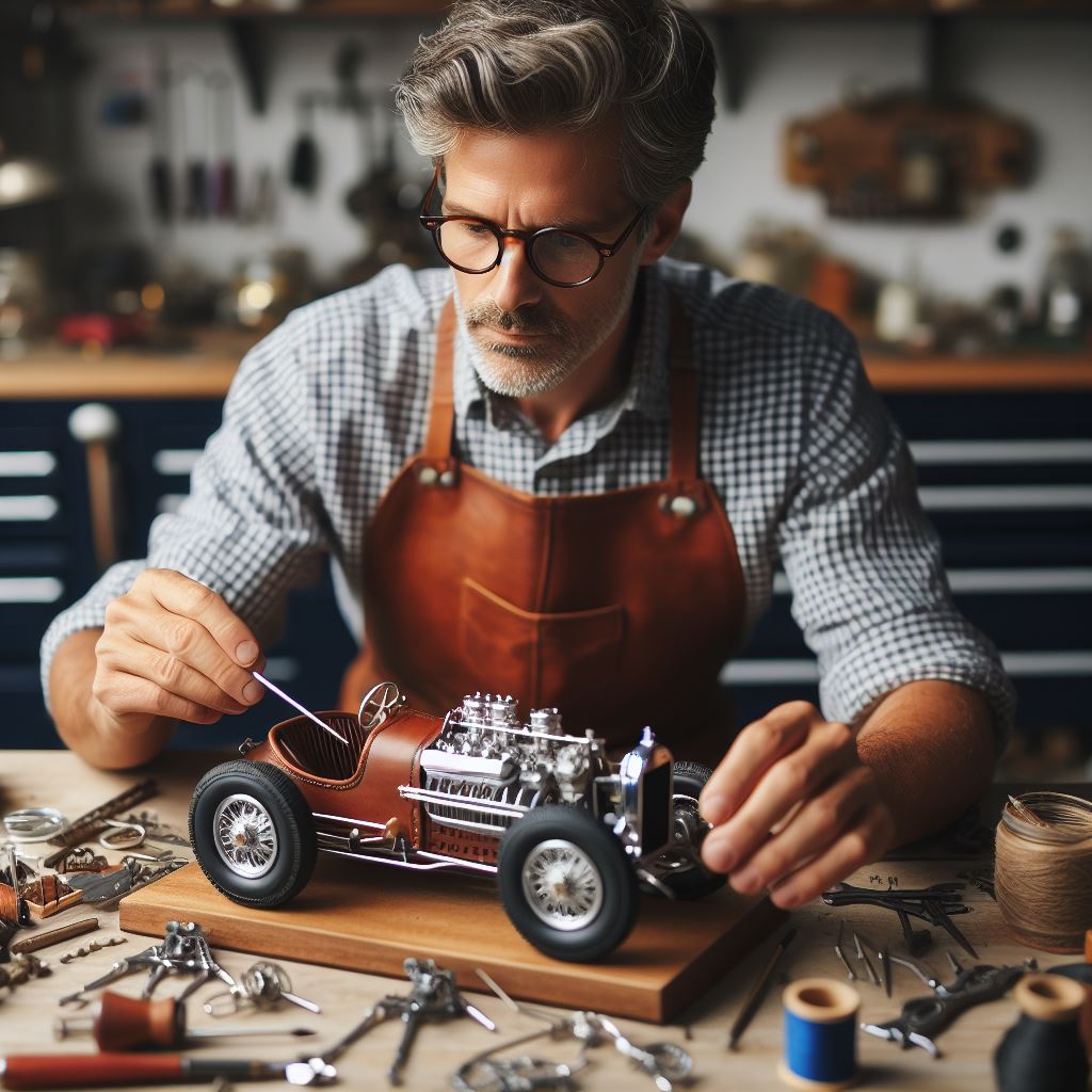 Homme qui construit une maquette de voiture